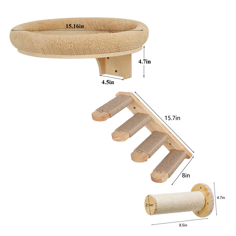 Cat Wall Mounted Solid Wooden Furniture with Climbing Ladder, Perch, Hammock and Scratching Post