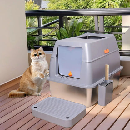 Enclosed Stainless Steel Cat Litter Box with Lid and Semi-open Design