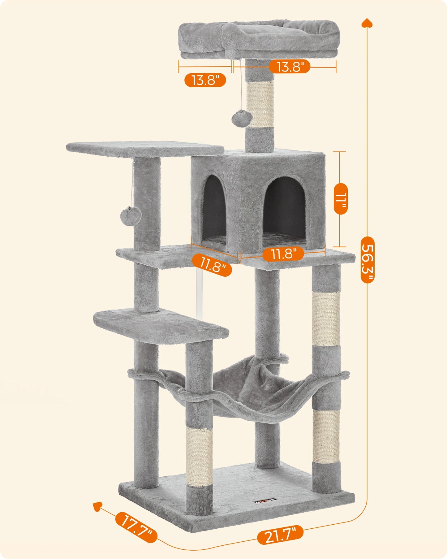 Multi-level, 56.3-Inch Cat Tower/Tree/Condo  with 4 Scratching Posts, 2 Perches, Hammock and Cave