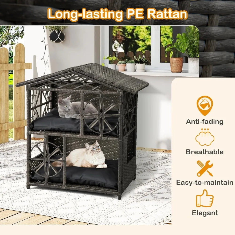 Two-Tier Rattan Cat House with Removable Cushions and Wicker Cat Cave Bed