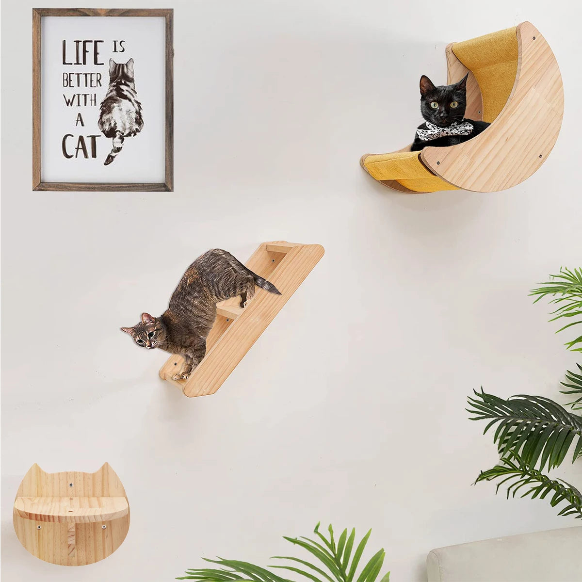 Wooden Cat Wall Furniture | Moon Shaped Perch, Cat-Shaped Perch, and Ladder