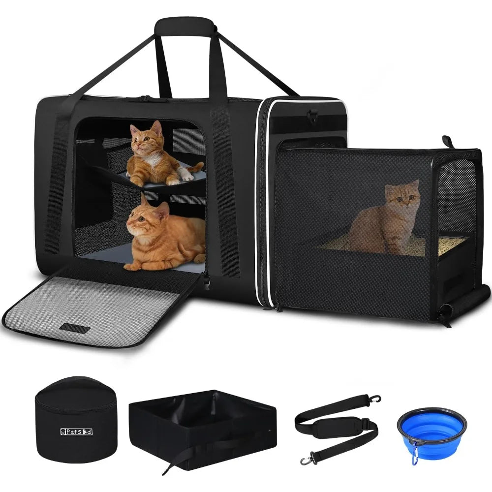 Side Expandable Extra Large Cat Carrier with Litter Box Area