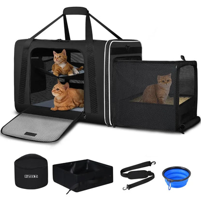 Side Expandable Extra Large Cat Carrier with Litter Box Area