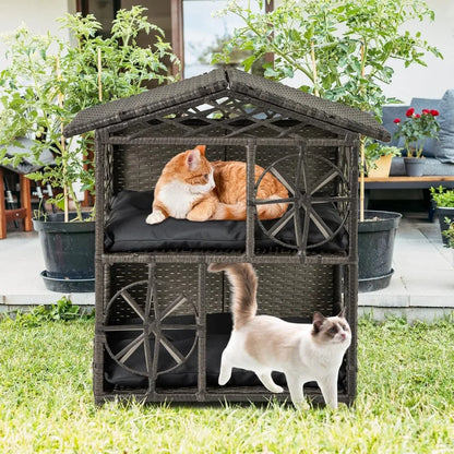 Two-Tier Rattan Cat House with Removable Cushions and Wicker Cat Cave Bed
