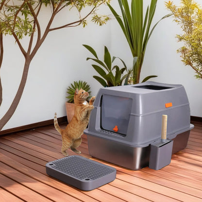 Enclosed Stainless Steel Cat Litter Box with Lid and Semi-open Design