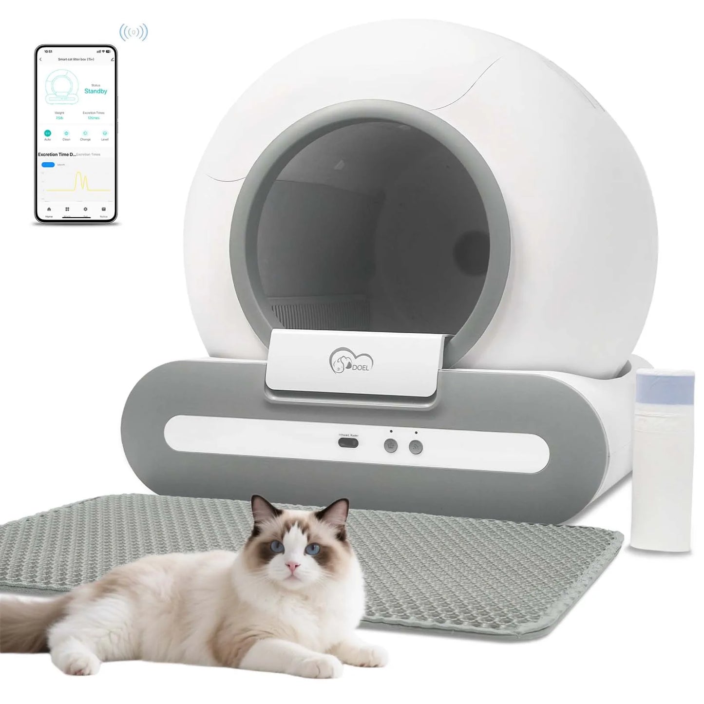 Self-Cleaning Cat Litter Box App Control With Litter Mat and Trash Bags - ONLY Supports 2.4G WiFi  Fit for Tofu & Mixed Litter
