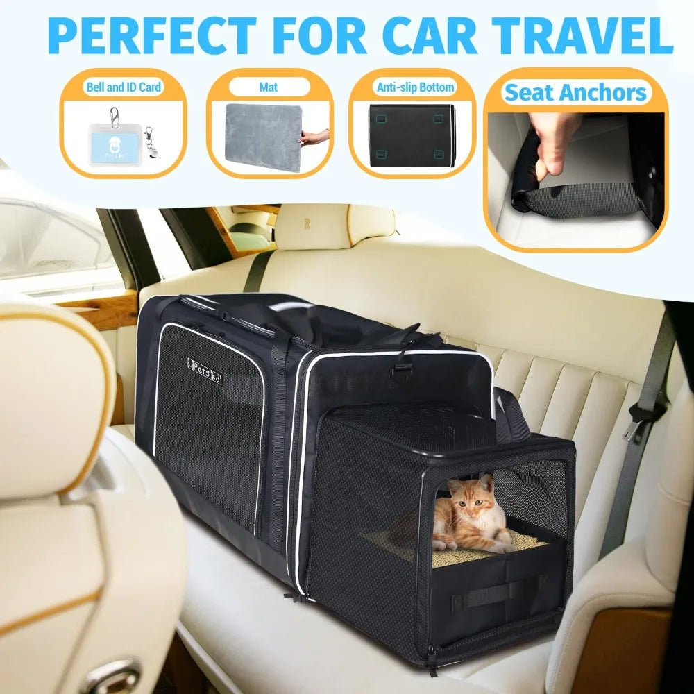 Side Expandable Extra Large Cat Carrier with Litter Box Area