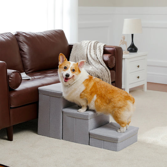 3-Tier Foldable, Non-Sip Pet Stairs with Adjustable Height and Storage Box