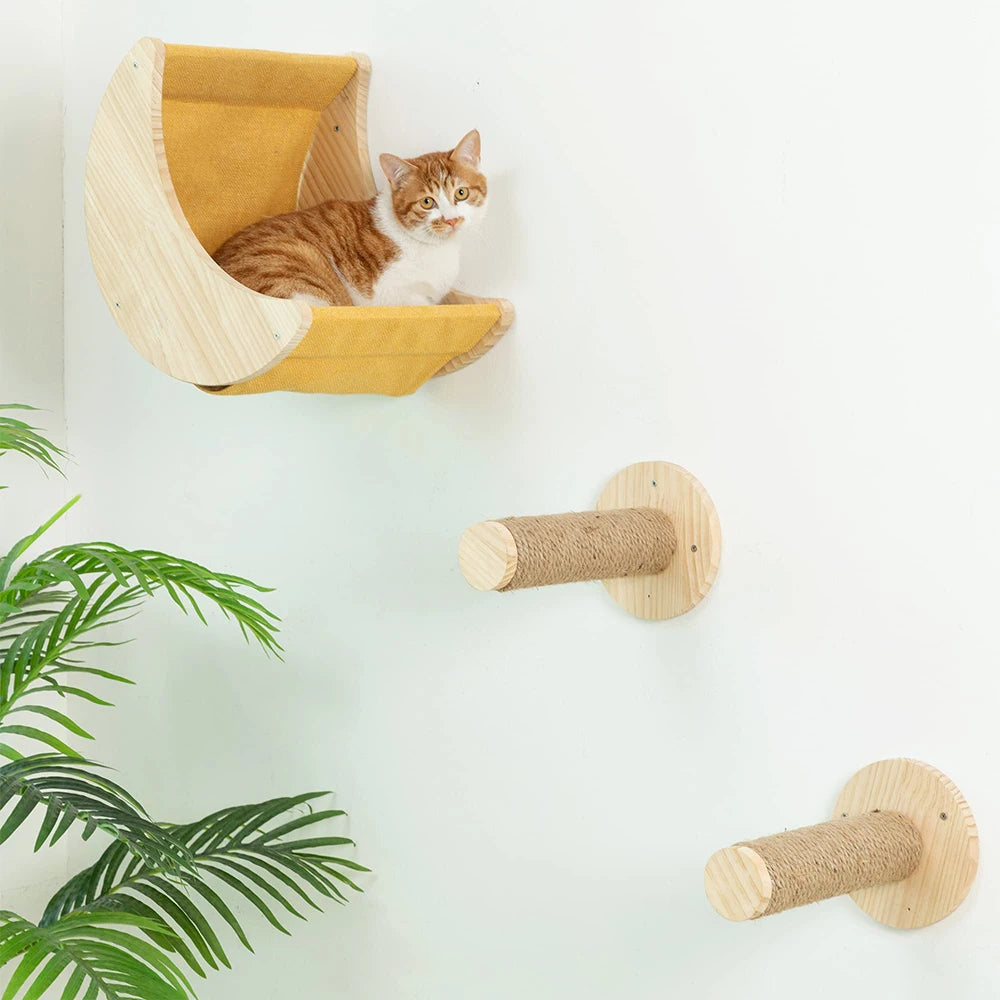 Wooden Cat Wall Furniture | Moon Shaped Perch, Cat-Shaped Perch, and Ladder