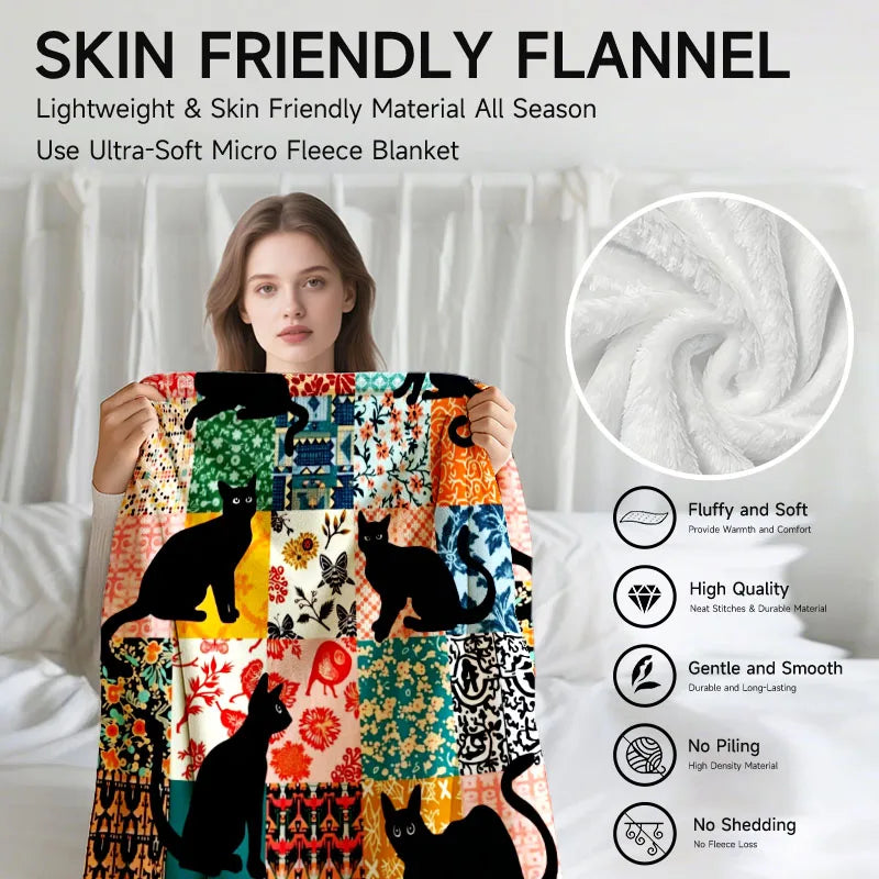 1-piece multi-use soft, black cat colorful pattern flannel blanket