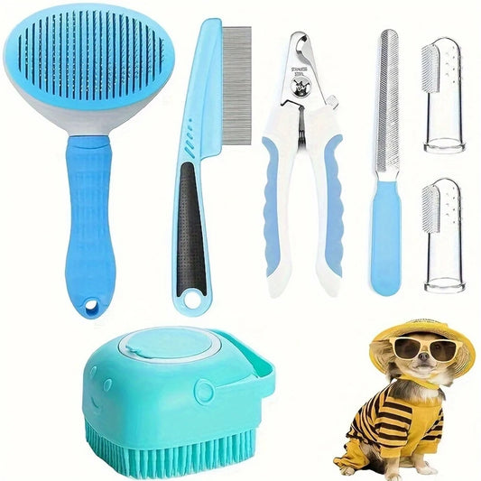 7 Pack Dog Grooming Set: Hair Removal Comb, Flea Comb, Shampoo Brush, Pet Nail Clippers, Toothbrush Set