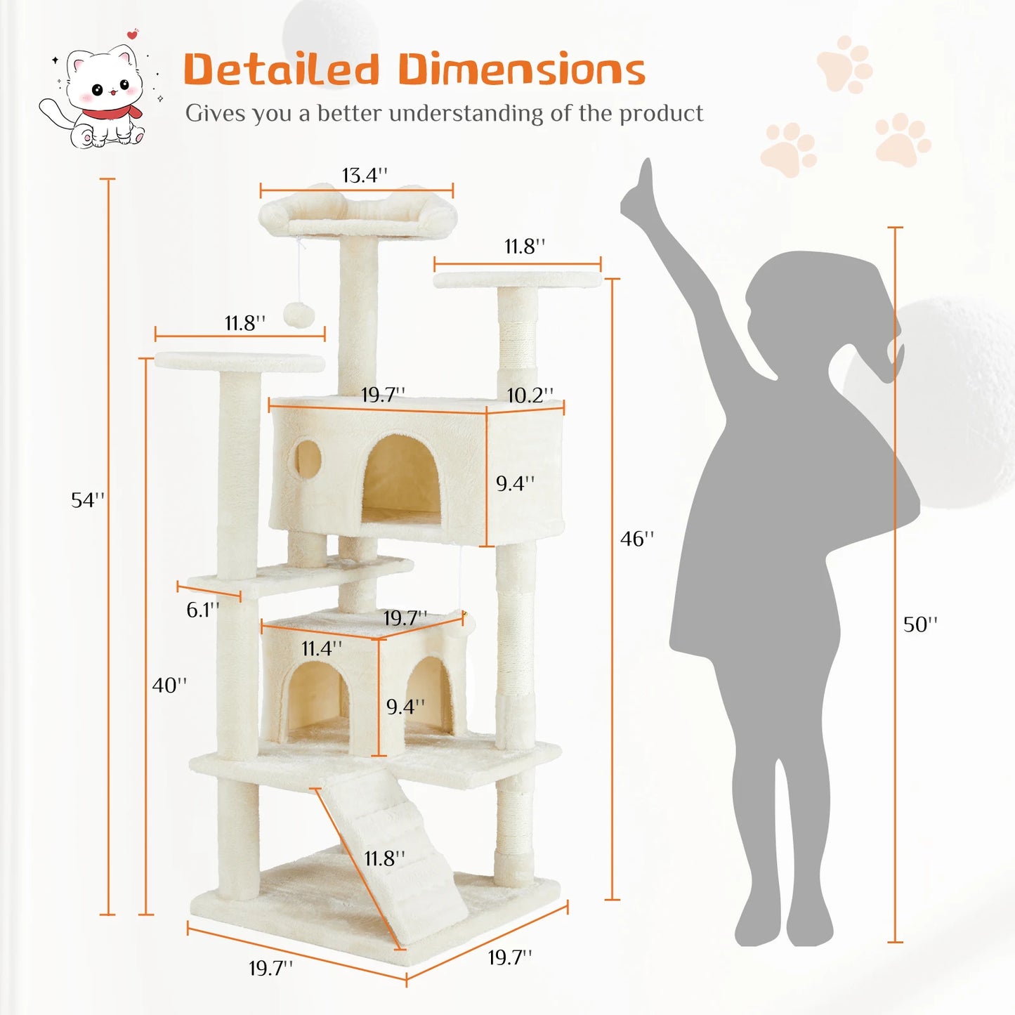Indoor 54-inch Multi-Level Cat Tree/Tower with Scratching Post