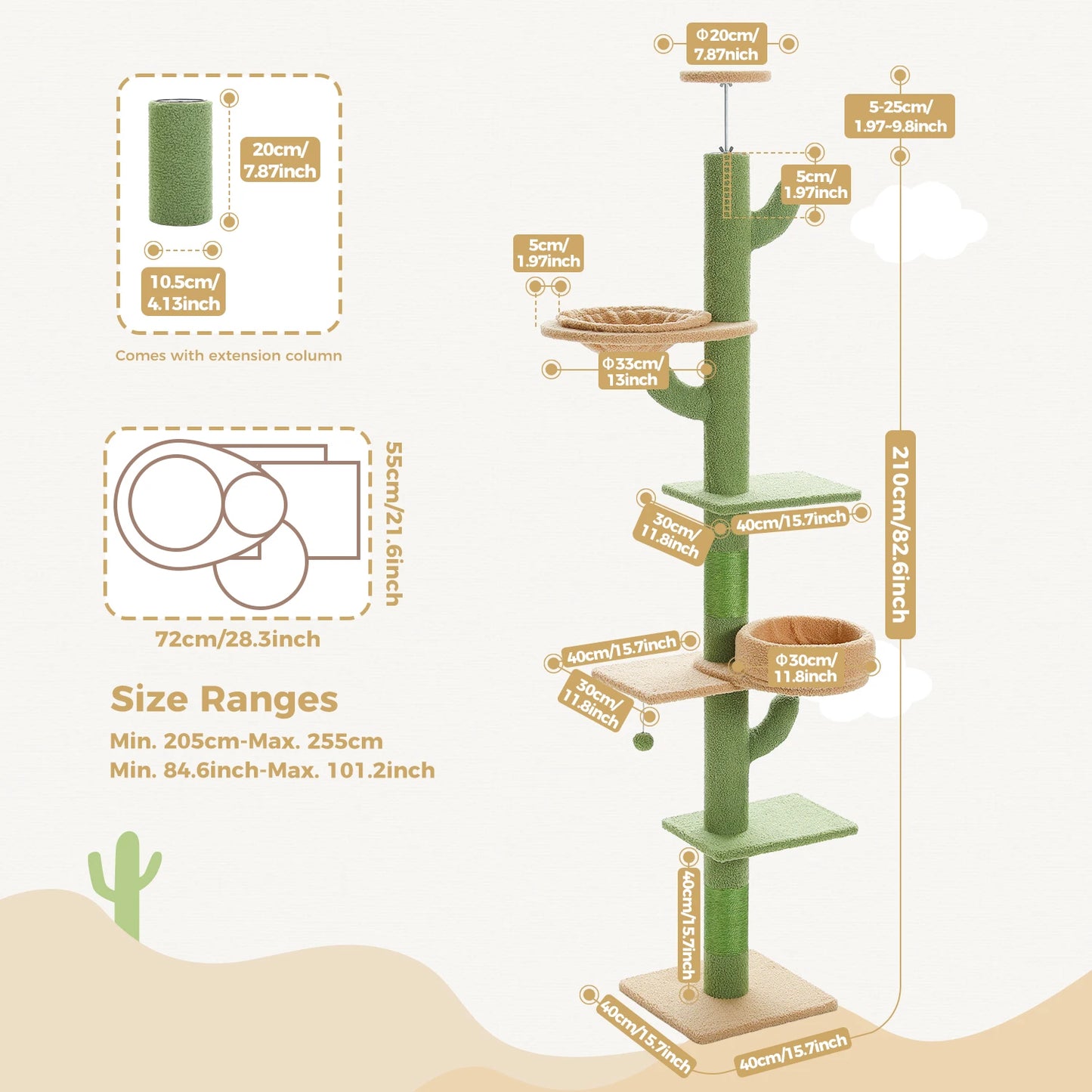 Adjustable Floor-to-Ceiling, Multi-Level Cactus Cat Tree