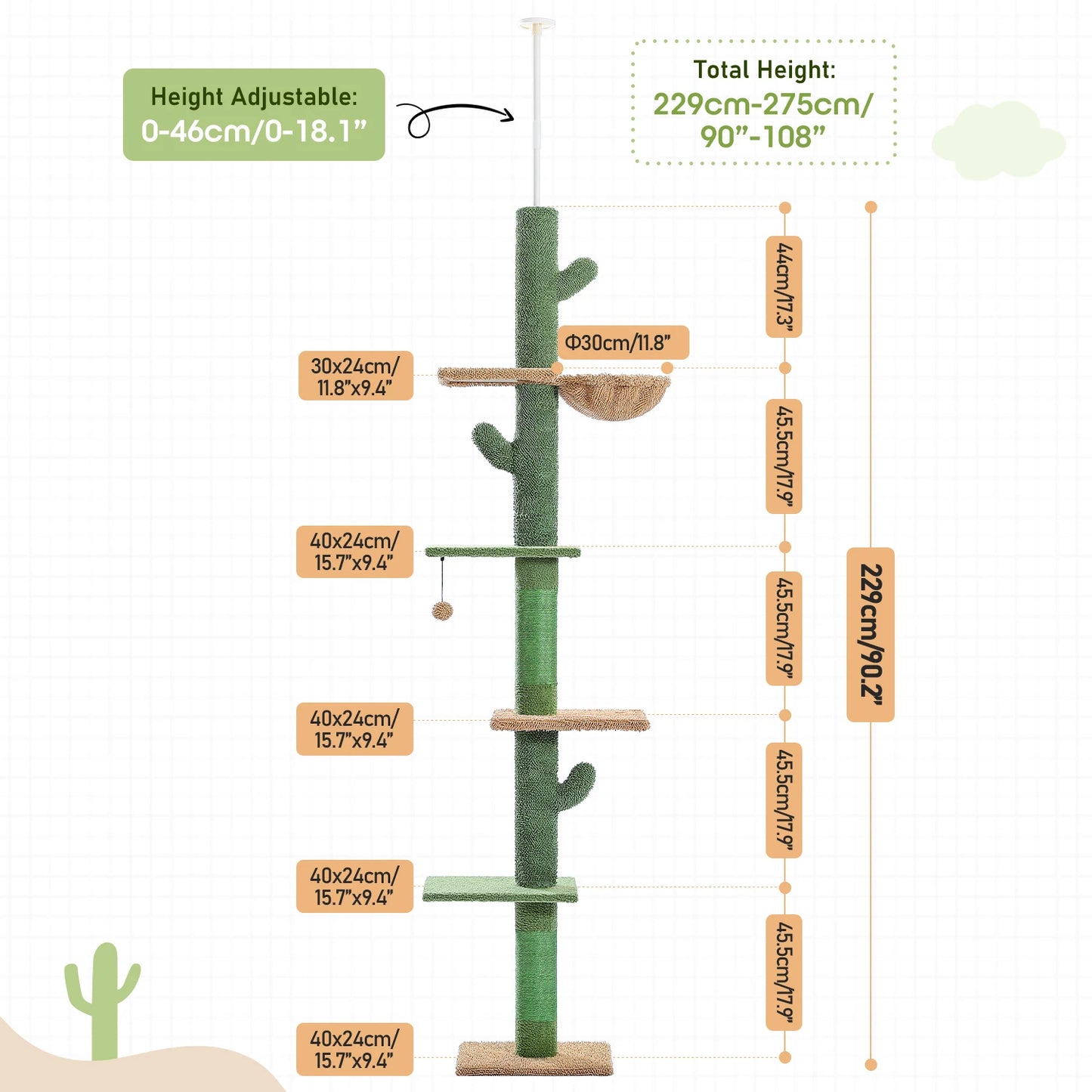 Adjustable Floor-to-Ceiling, Multi-Level Cactus Cat Tree